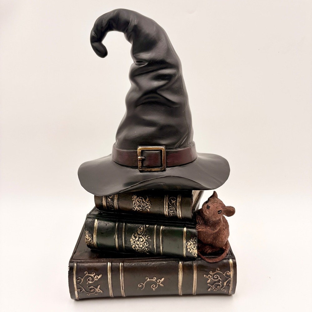 Halloween Witch Hat on Stack of Spell Books Figurine with Mouse Decor